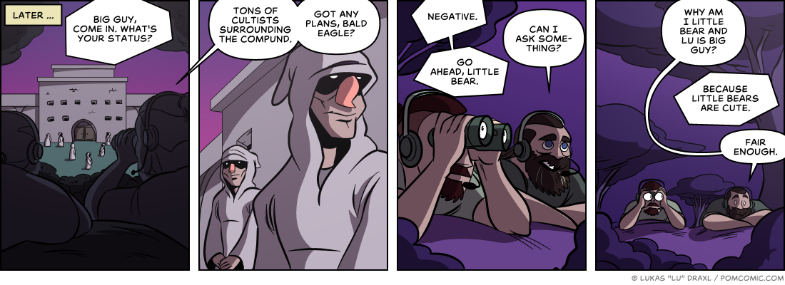 Piece of Me. A webcomic about sneaking into the cultist's compound and fitting code names.